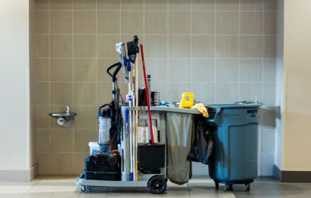 Professional office cleaning supplies and cart
